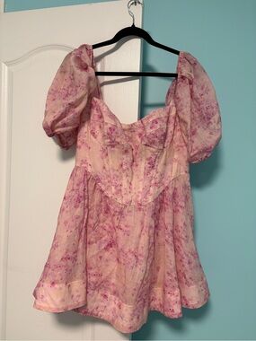 Bardot Pink Floral Puff-Sleeve Corset Dress